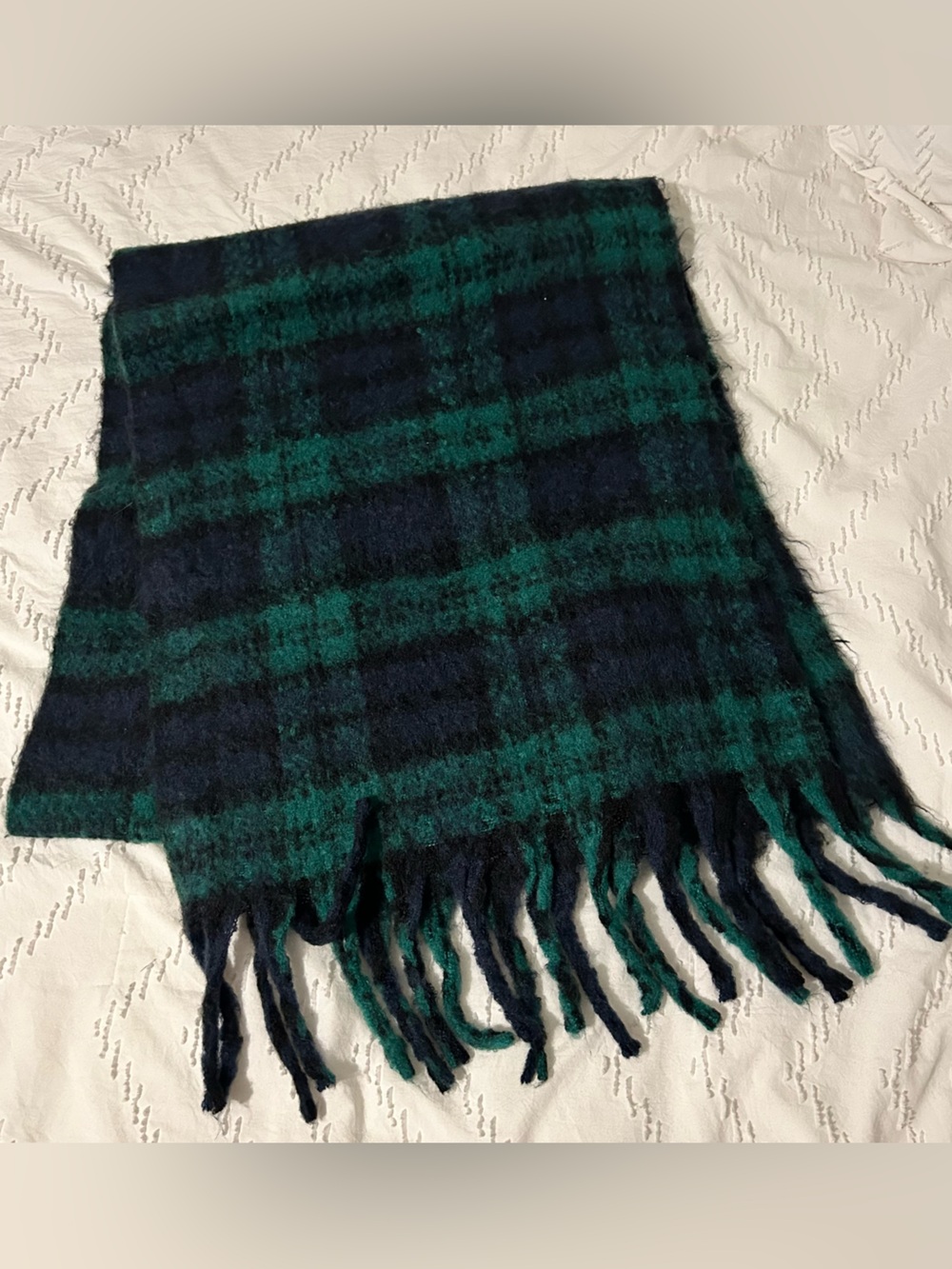 LOFT Women's Blanket Scarf Navy Green Tartan Plaid 83" X 17" Fringe Soft Cozy